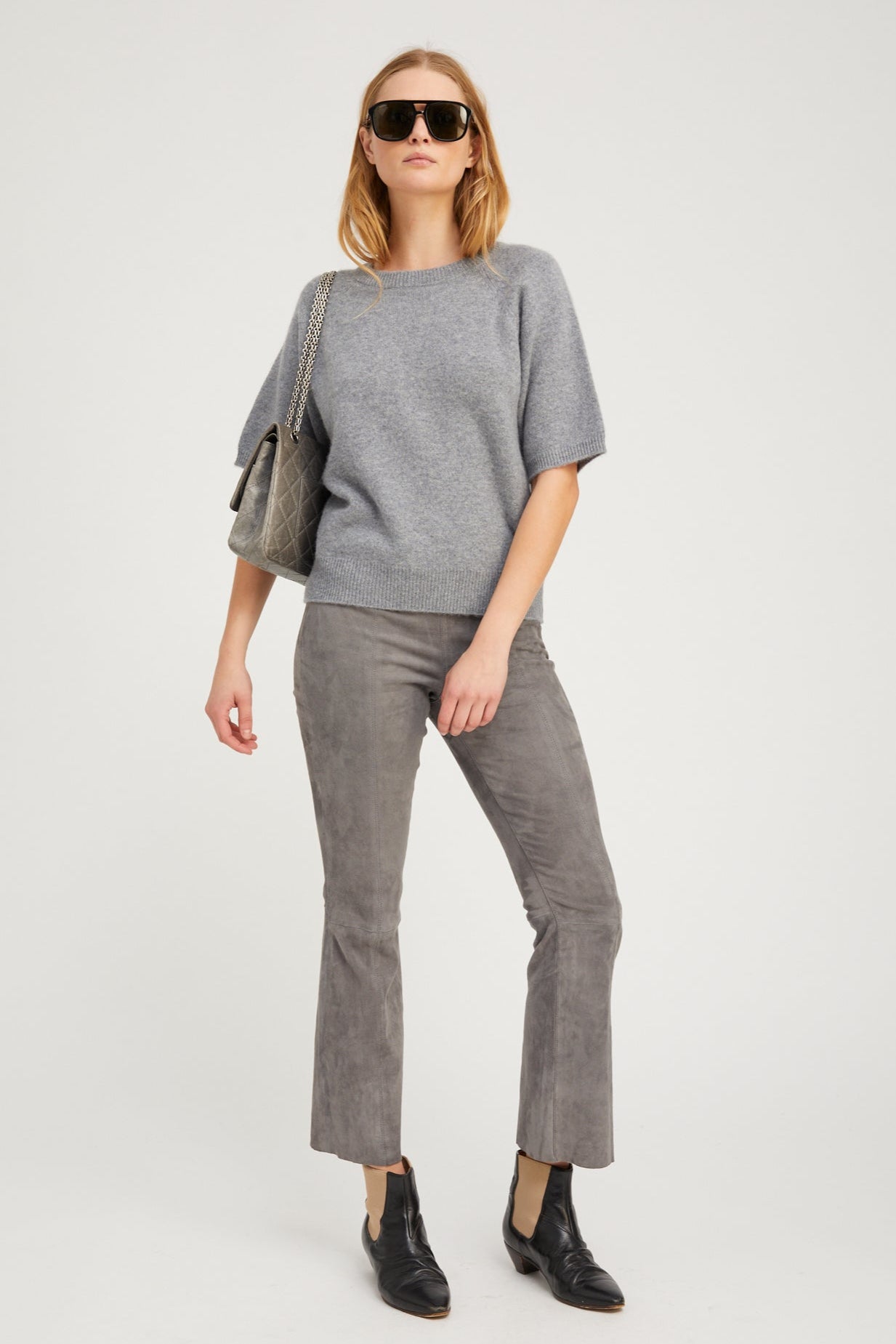 Grey Cashmere Short Sleeve Raglan Sweater