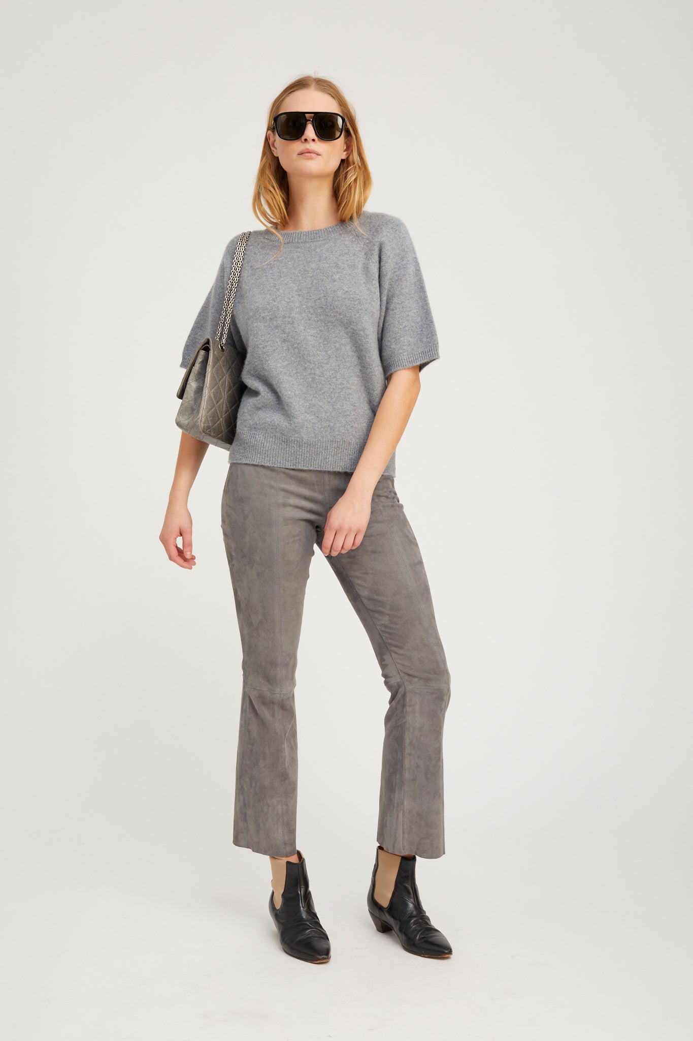 Grey Suede Ankle Flare Pants with Princess Seams