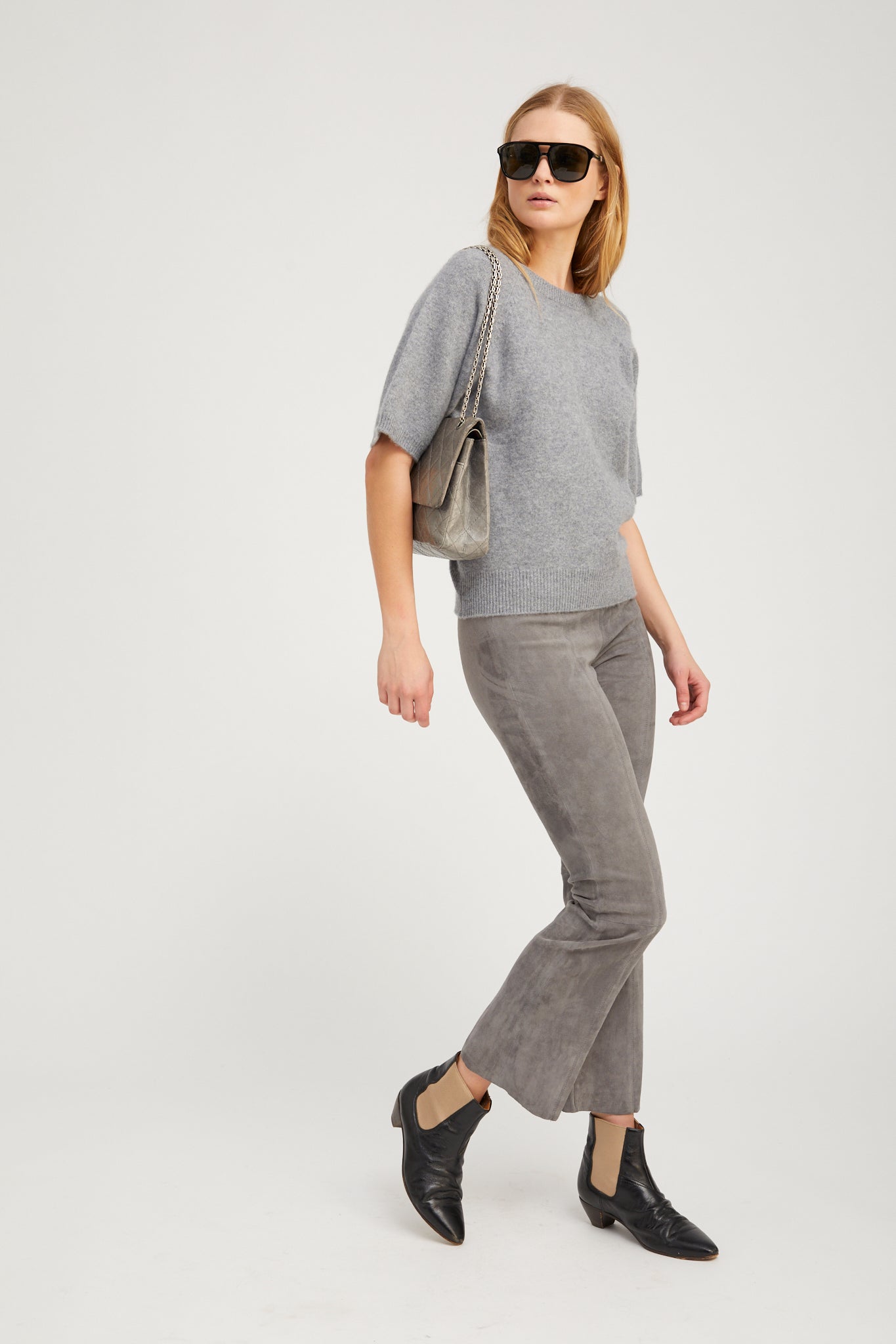 Grey Suede Ankle Flare Pants with Princess Seams