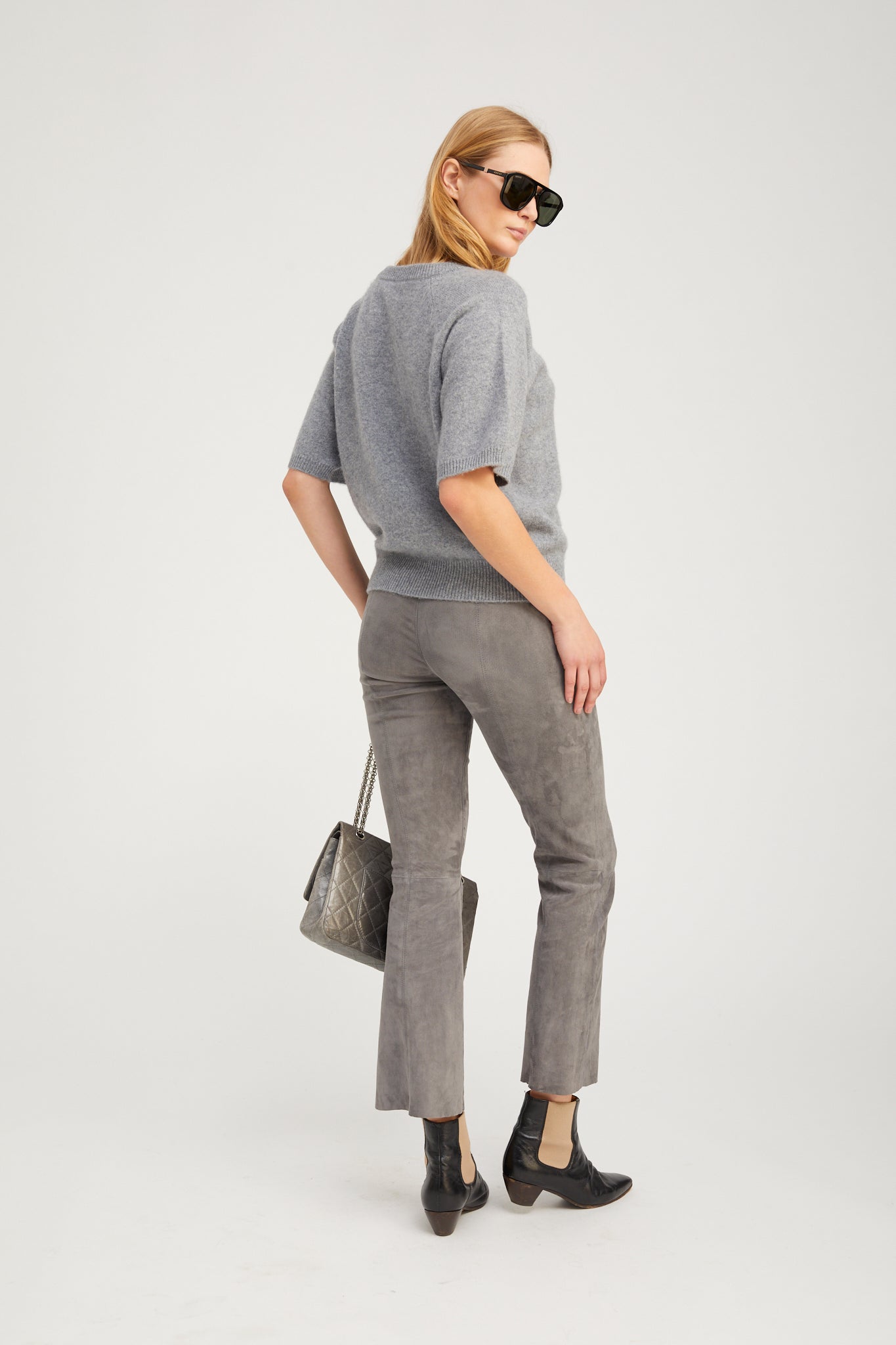 Grey Cashmere Short Sleeve Raglan Sweater