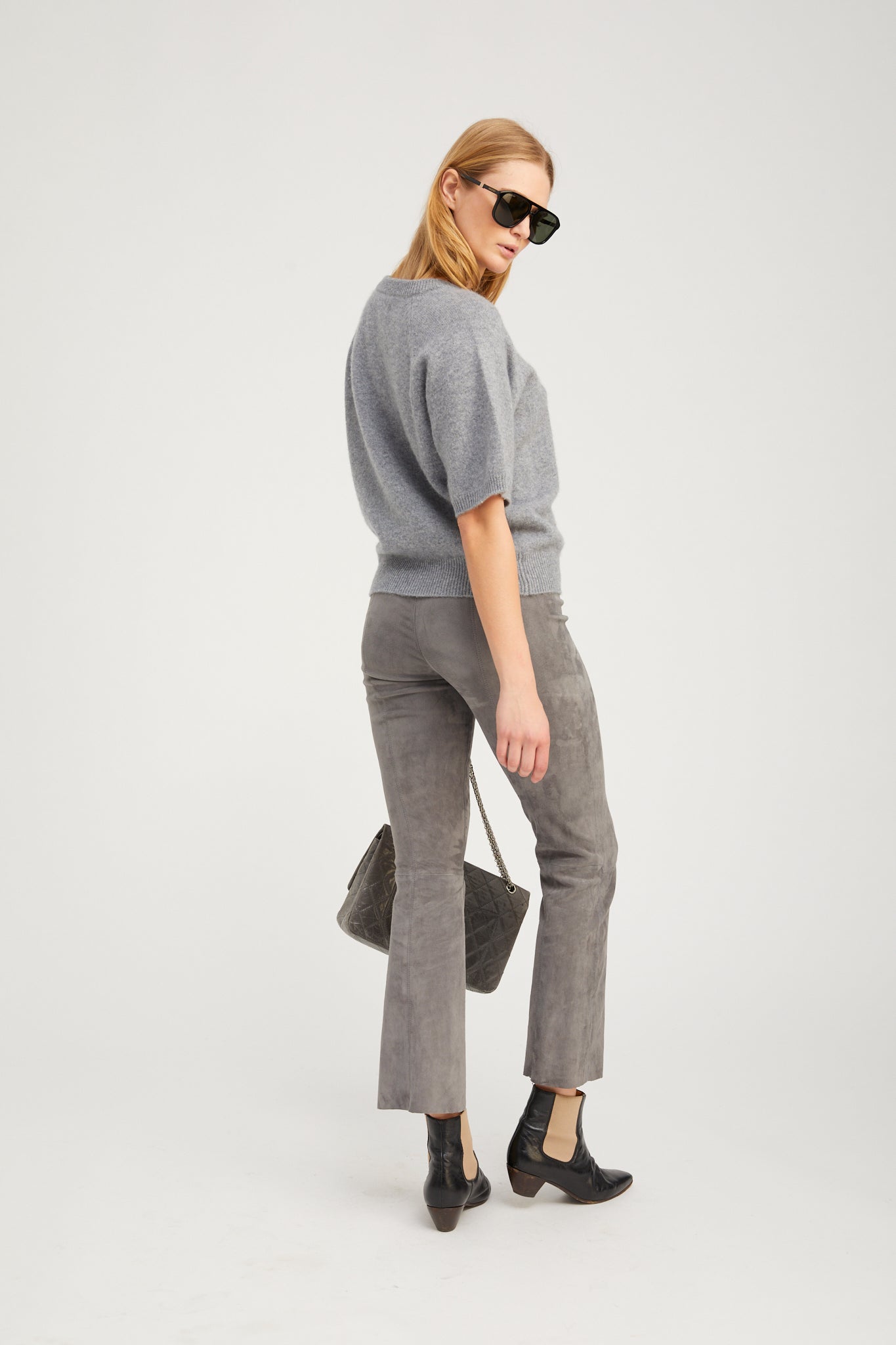 Grey Suede Ankle Flare Pants with Princess Seams