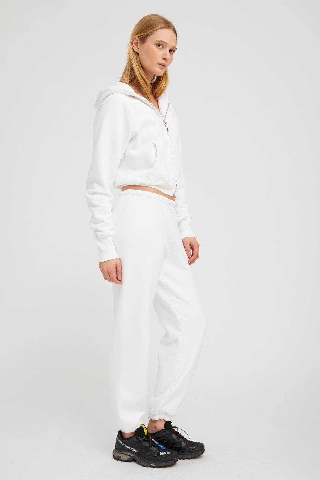 White Cotton Shrunken Zip Up Hoodie