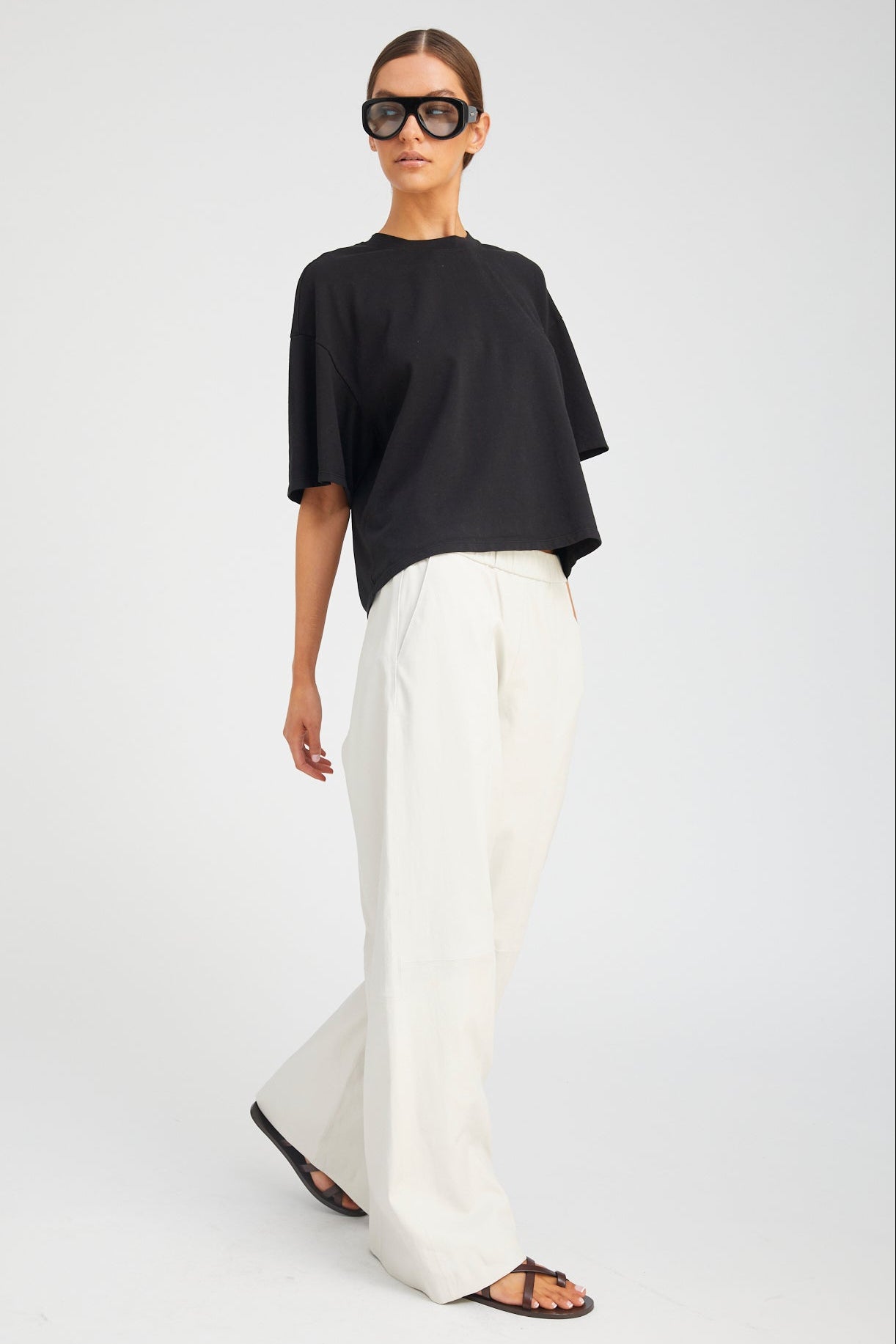 Shell Stretch Leather Wide Leg Trousers