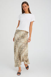 Beige Snakeskin Silk Bias Maxi Skirt