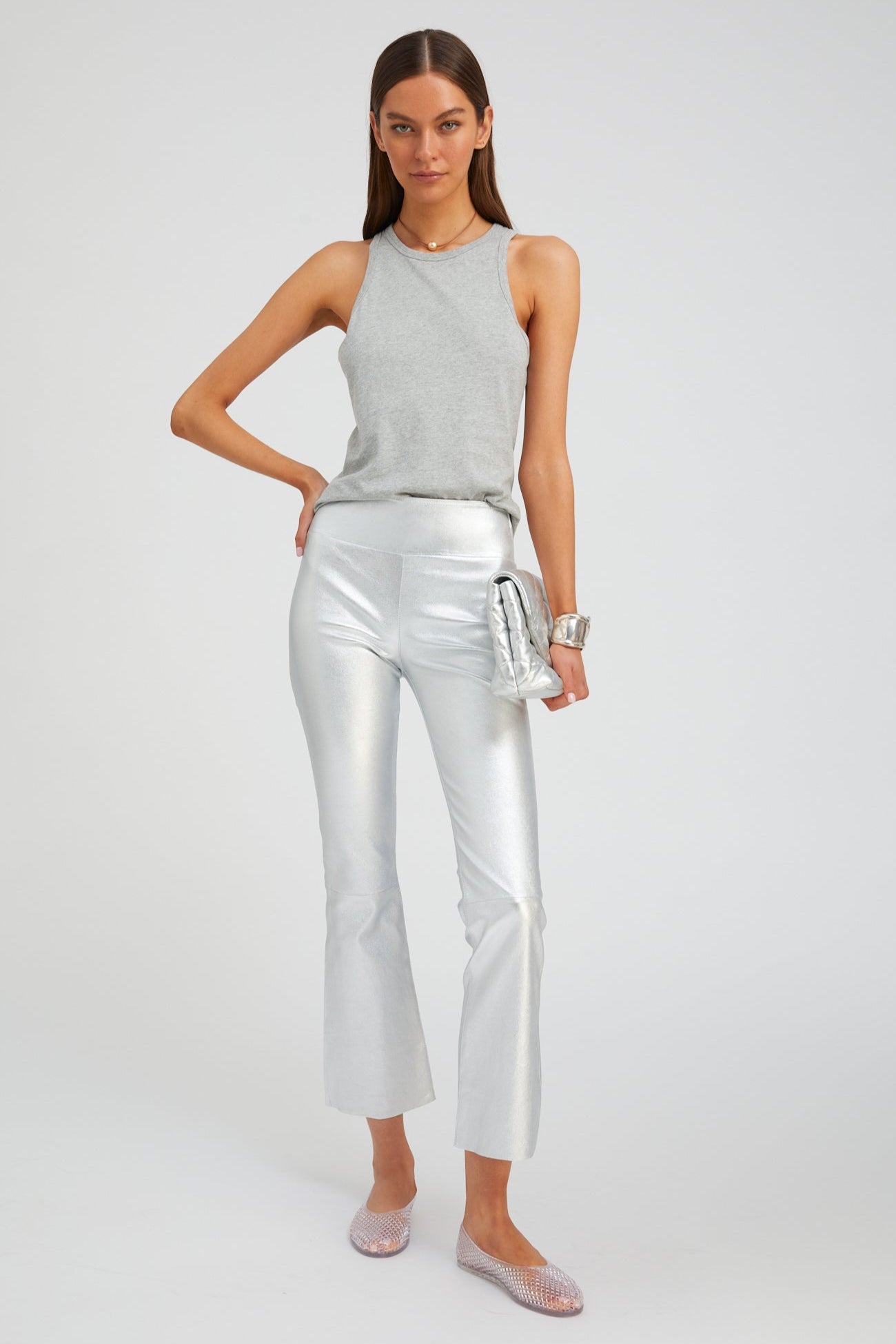 Metallic Silver Leather Ankle Flare