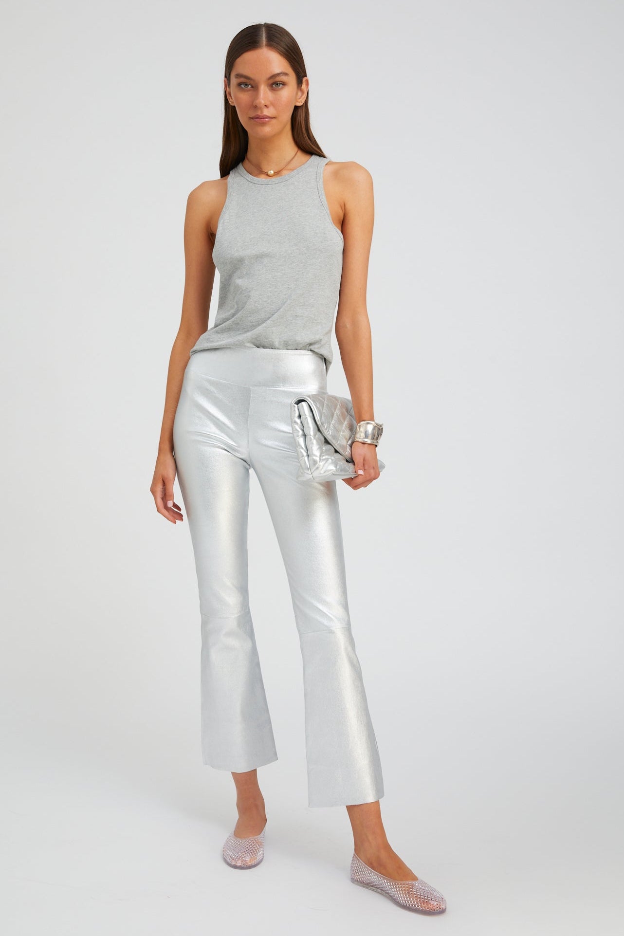 Metallic Silver Leather Ankle Flare