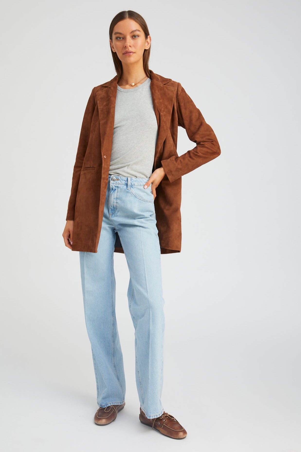 Dark Cognac Suede Long Blazer