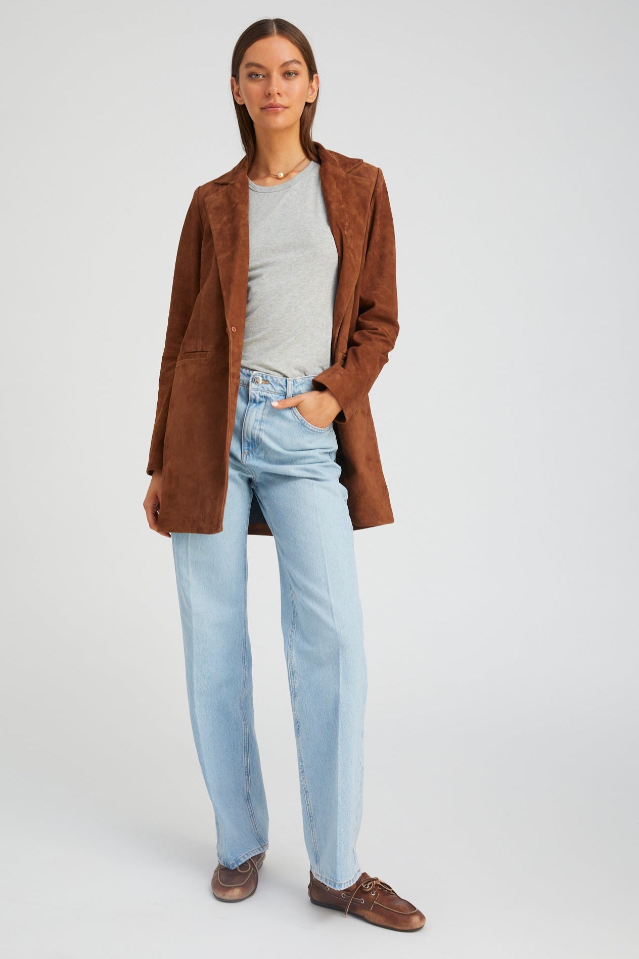 Dark Cognac Suede Long Blazer