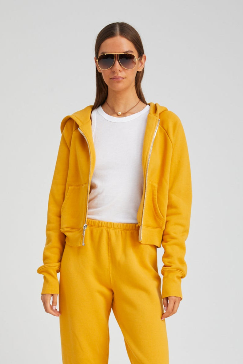 Mustard Cotton Shrunken Zip Up Hoodie