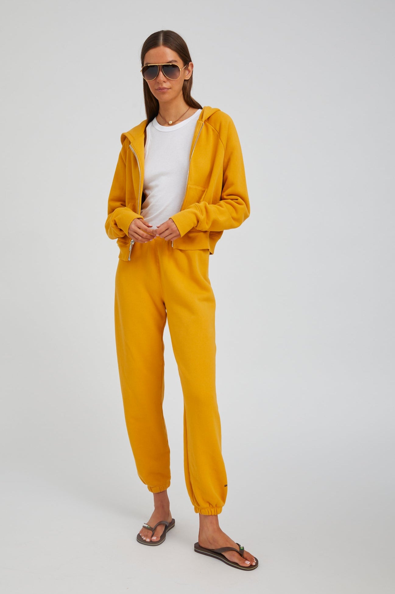 Mustard Cotton Shrunken Zip Up Hoodie