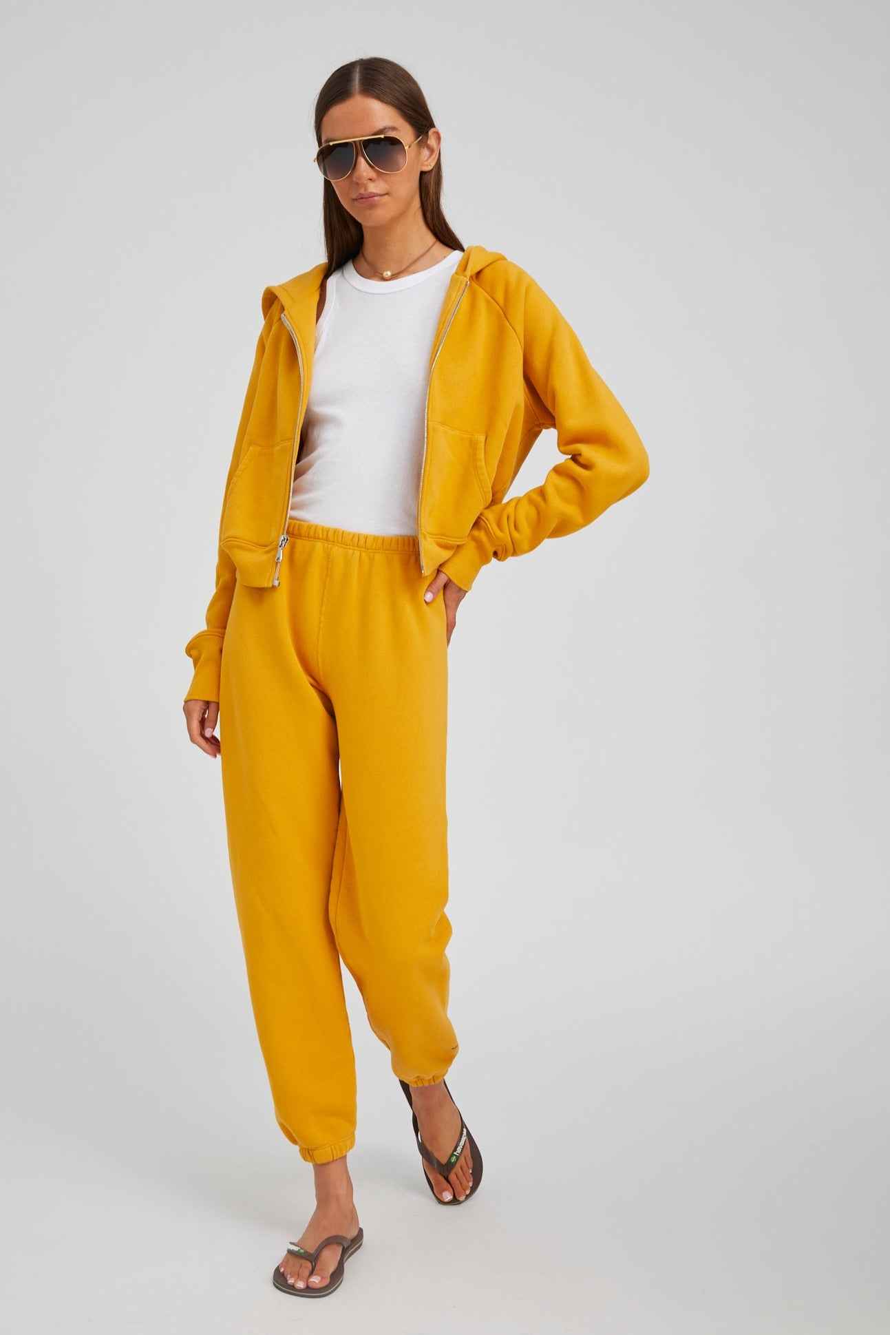 Mustard Cotton Shrunken Zip Up Hoodie