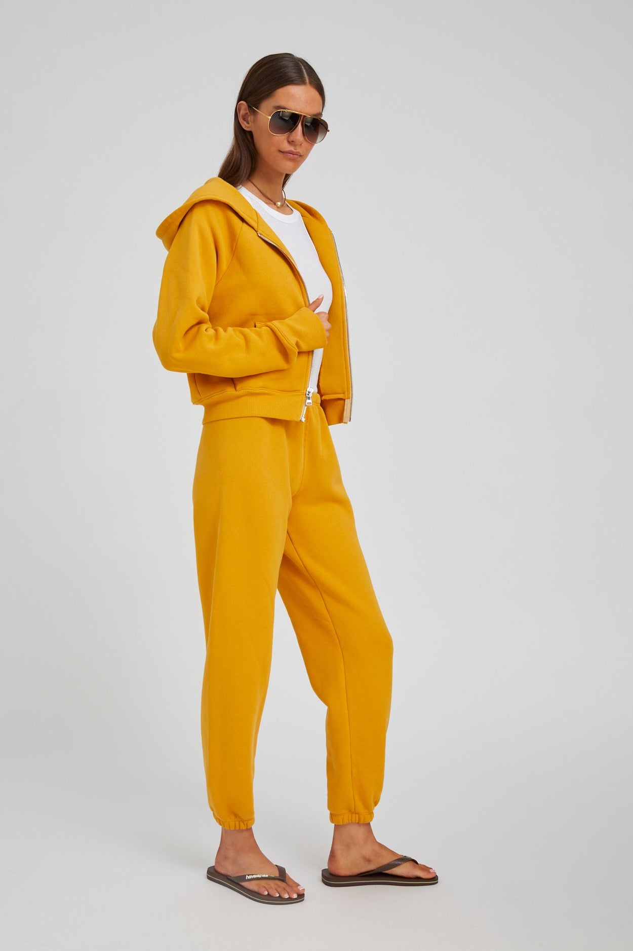 Mustard Cotton Shrunken Zip Up Hoodie