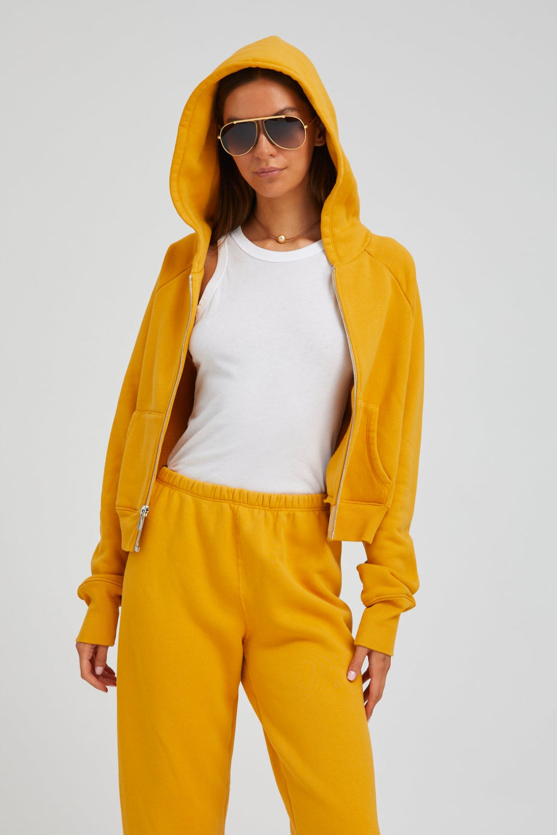 Mustard Cotton Shrunken Zip Up Hoodie