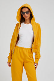 Mustard Cotton Shrunken Zip Up Hoodie