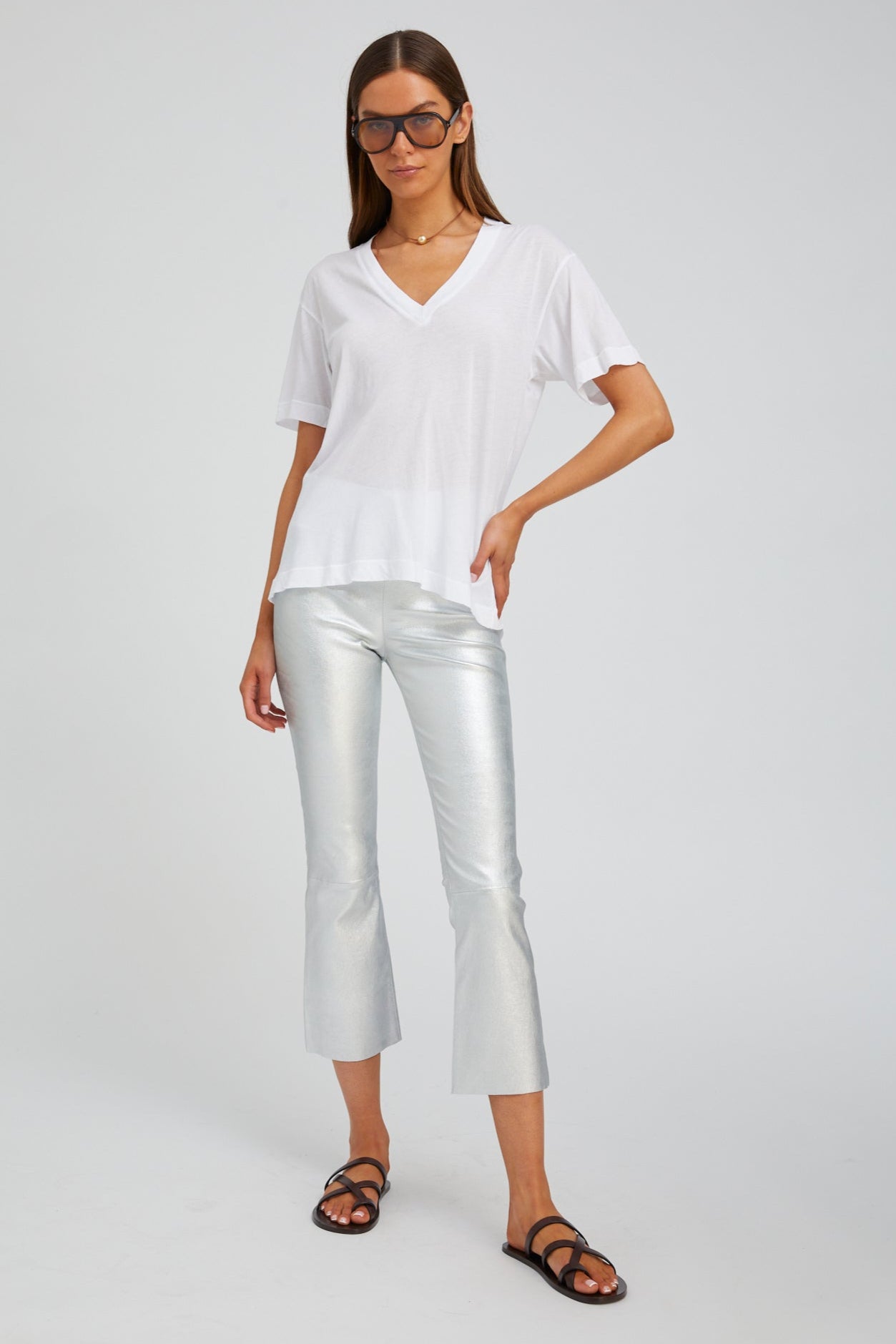 Metallic Silver Leather Crop Flare