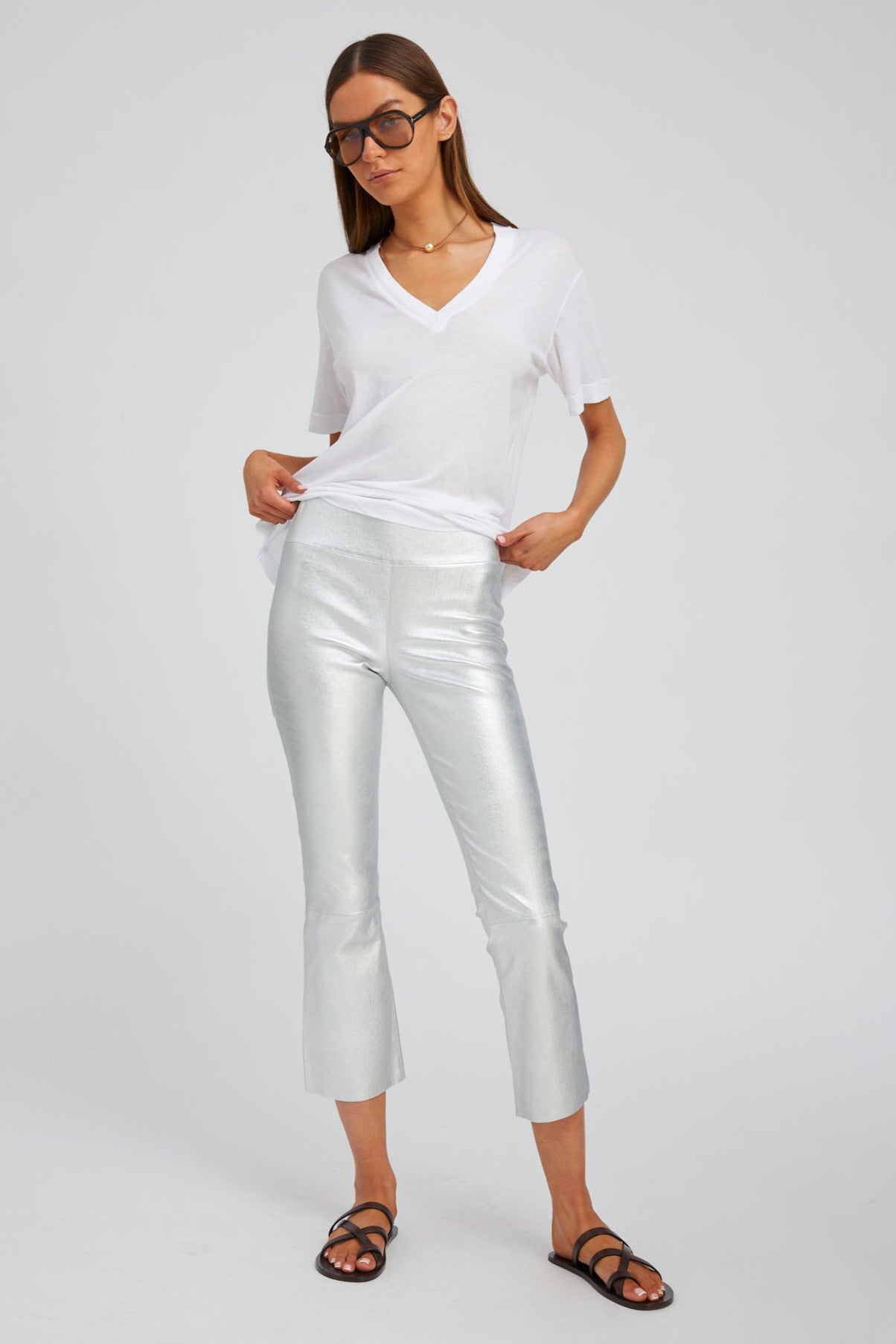 Metallic Silver Leather Crop Flare