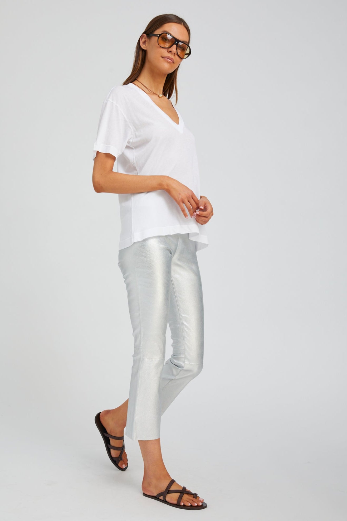 Metallic Silver Leather Crop Flare