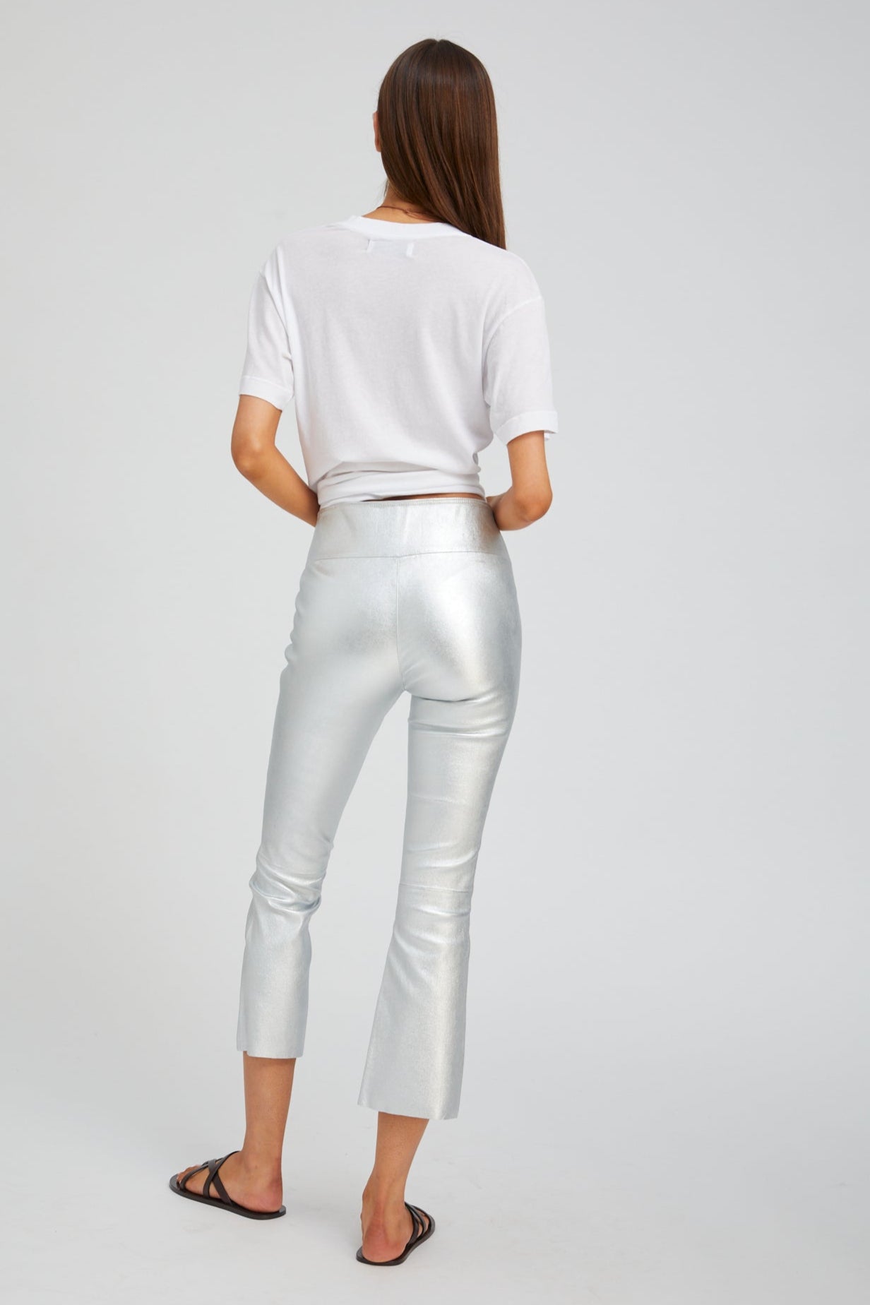 Metallic Silver Leather Crop Flare