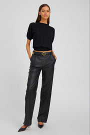 Black Leather Straight Leg Pleated Trousers