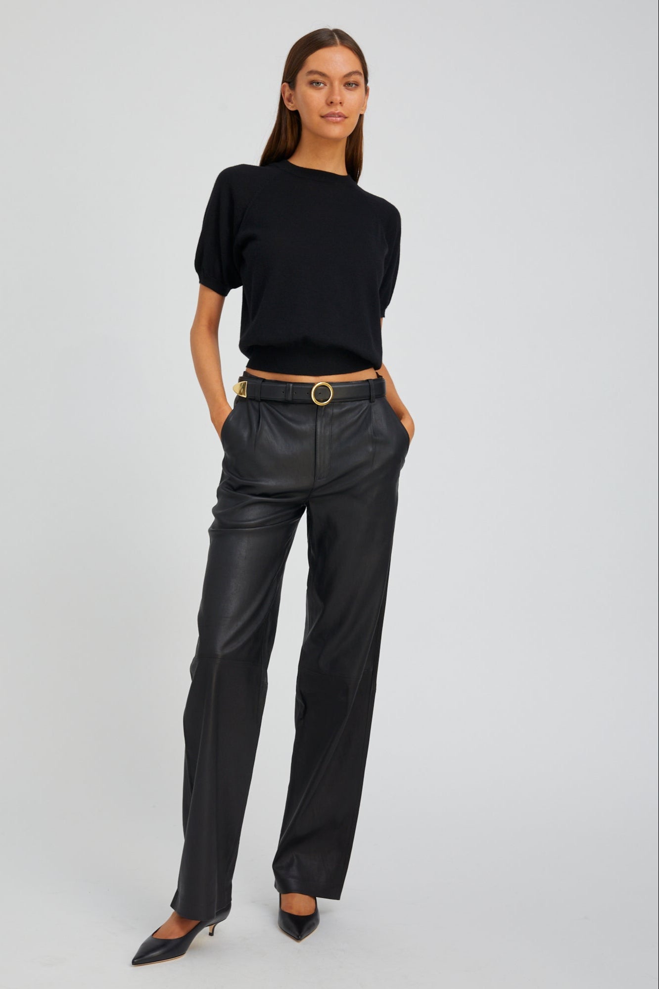 Black Leather Straight Leg Pleated Trousers