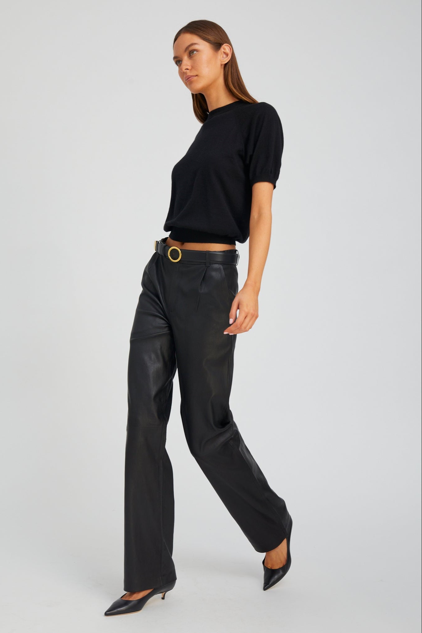 Black Leather Straight Leg Pleated Trousers