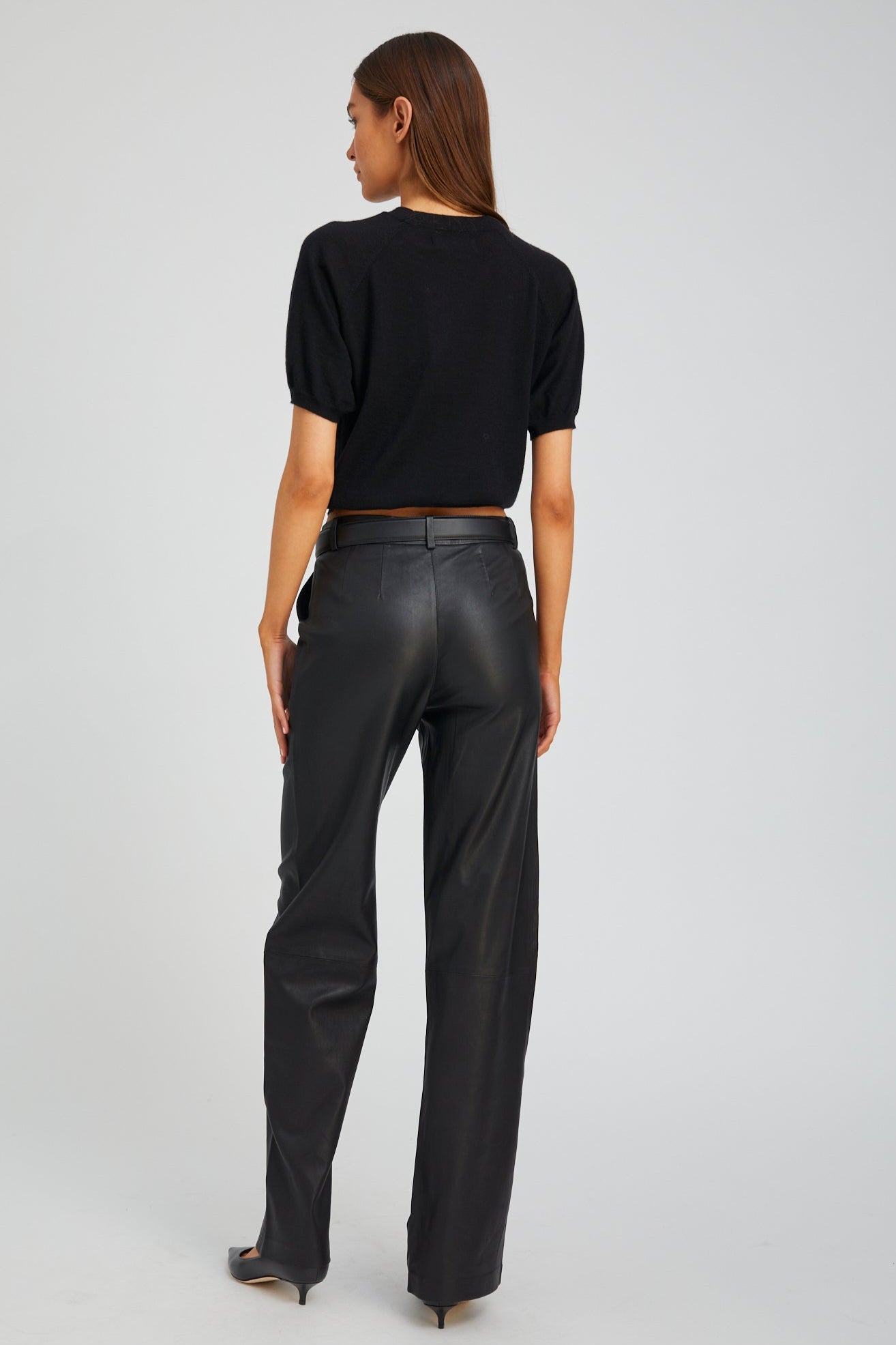 Black Leather Straight Leg Pleated Trousers