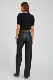 Black Leather Straight Leg Pleated Trousers