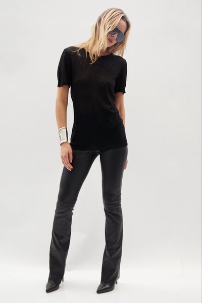 SPRWMN Stretch Leather Leggings, High Waisted Crop Flare in Black