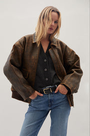 Brown Distressed Leather Aviator Jacket