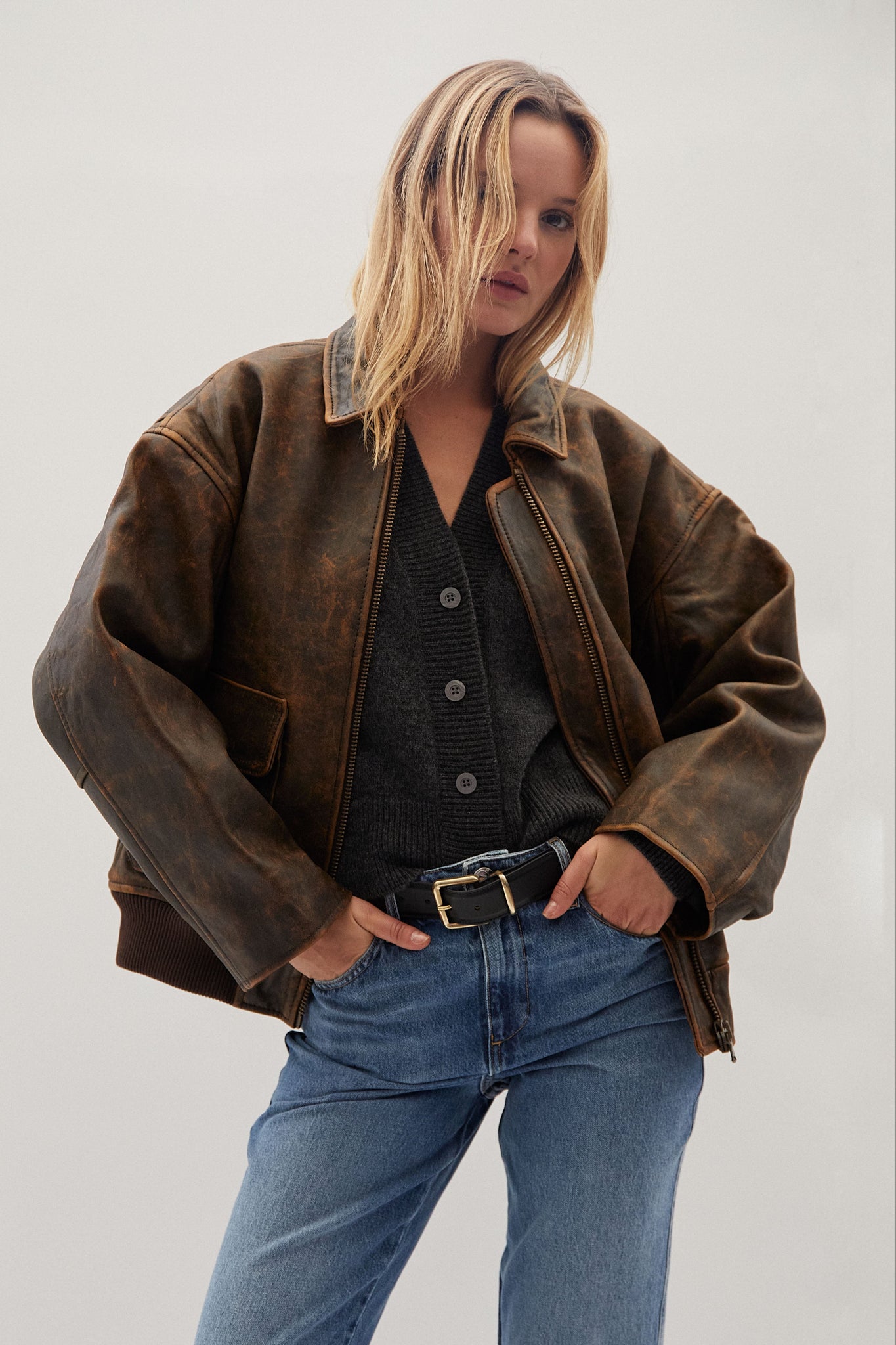 Brown Distressed Leather Aviator Jacket