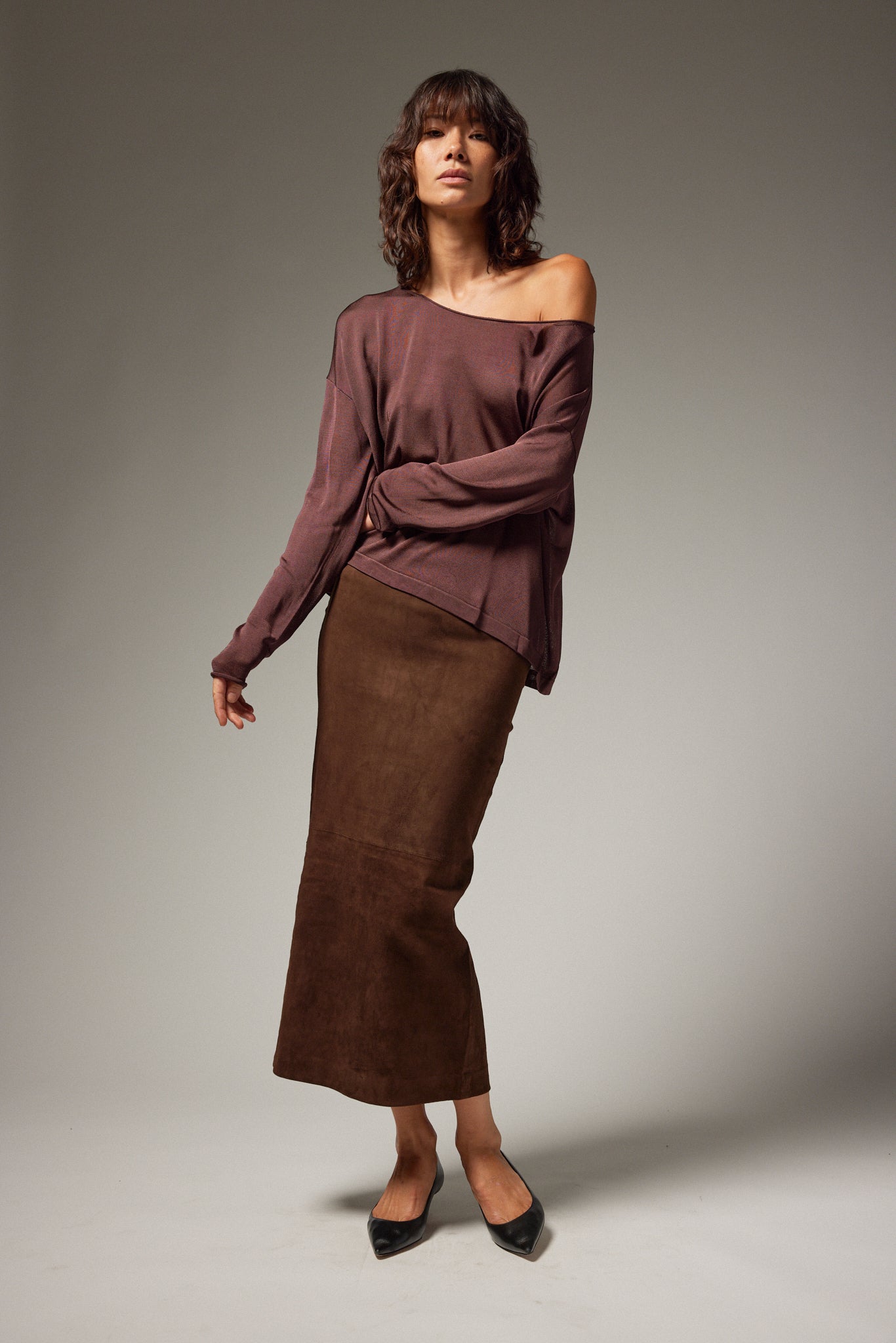 Silky Jersey Off Shoulder Sweater