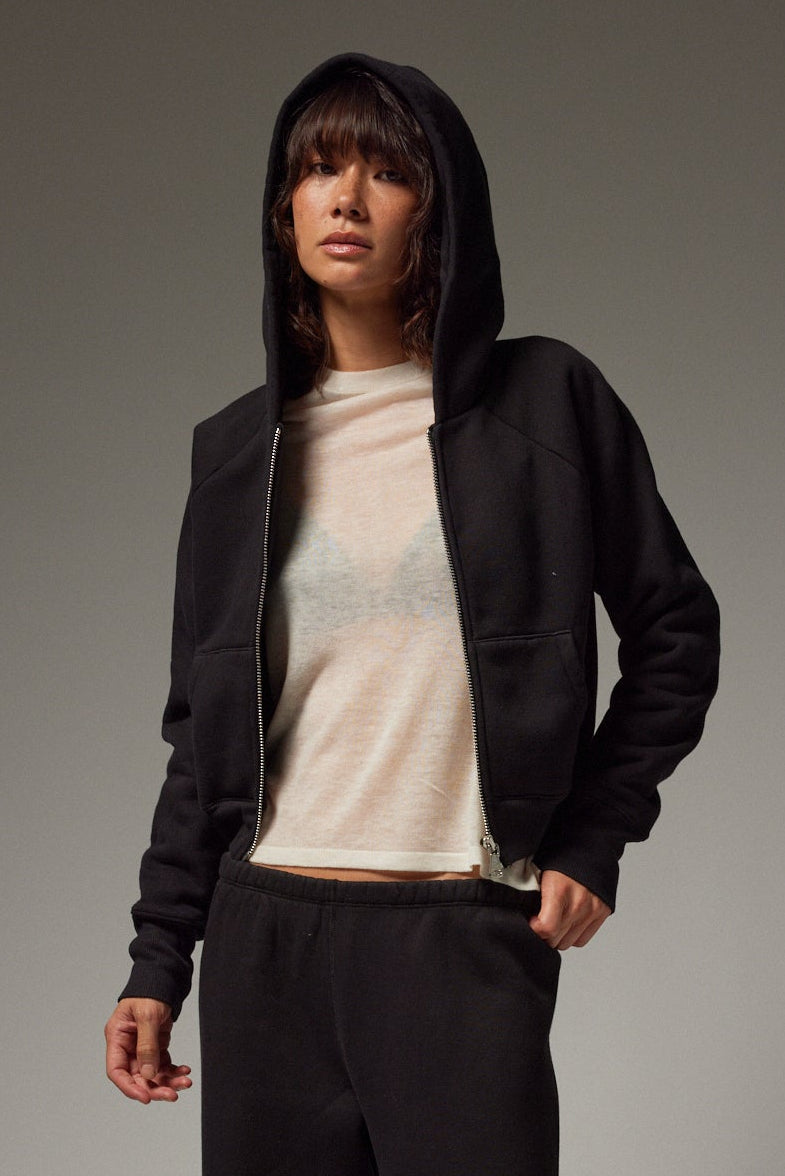 Shrunken Zip Up Cotton Hoodie