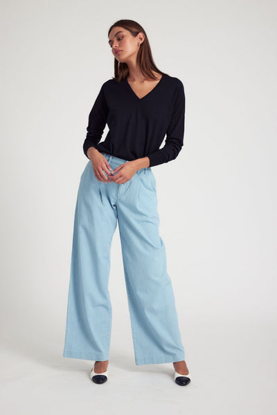Light Blue Chambray Pleated Trousers