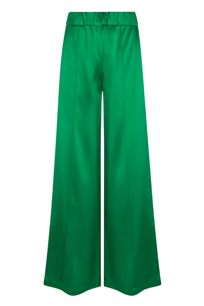 Green Silk Wide Leg Pintuck Pants