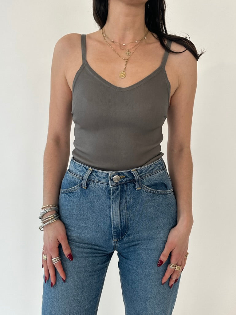 Washed Grey Leather Camisole Tank