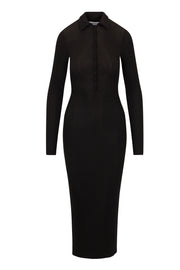 Black Rib Long Sleeve Polo Maxi Dress