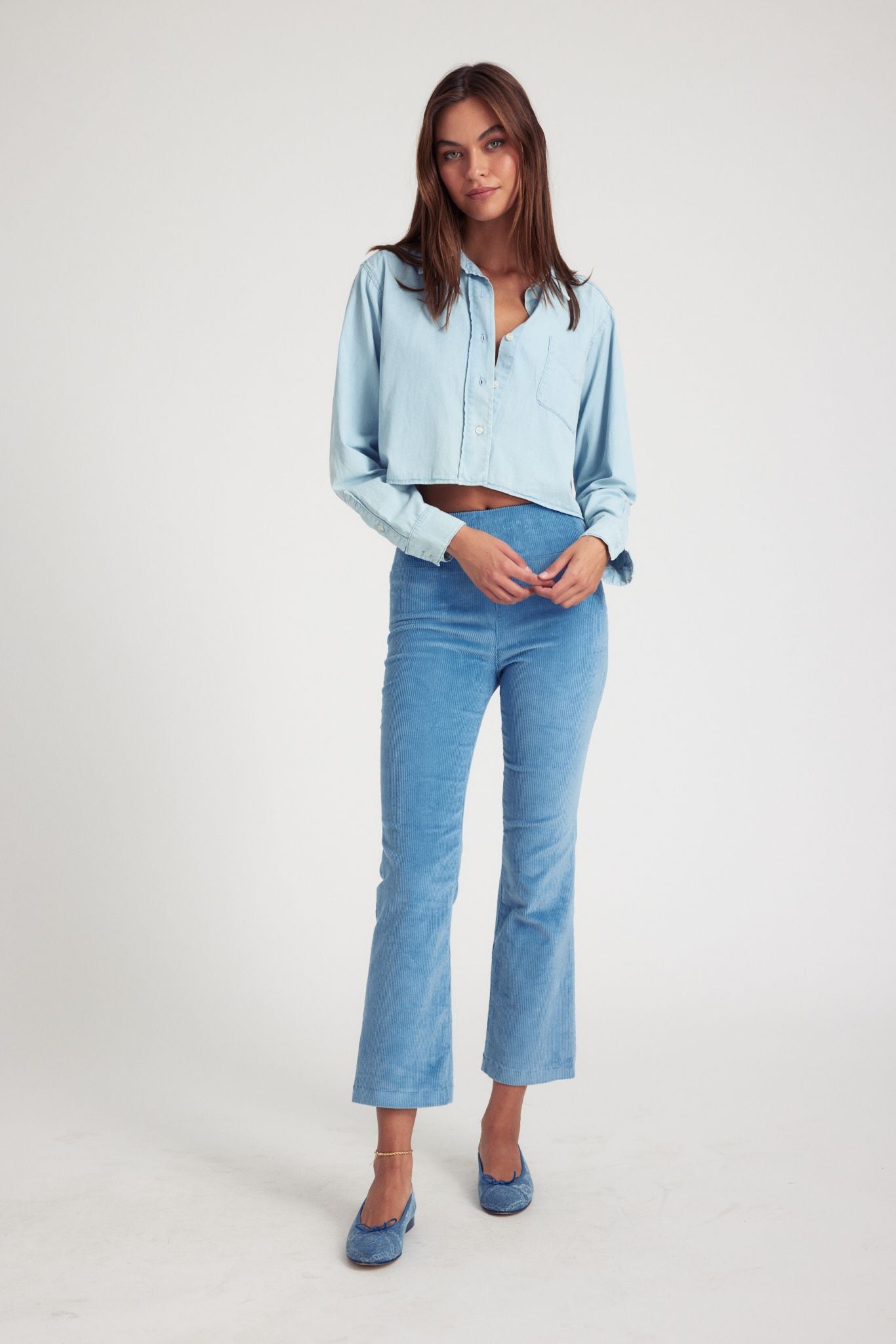 Chambray Blue Corduroy Ankle Flare Pants