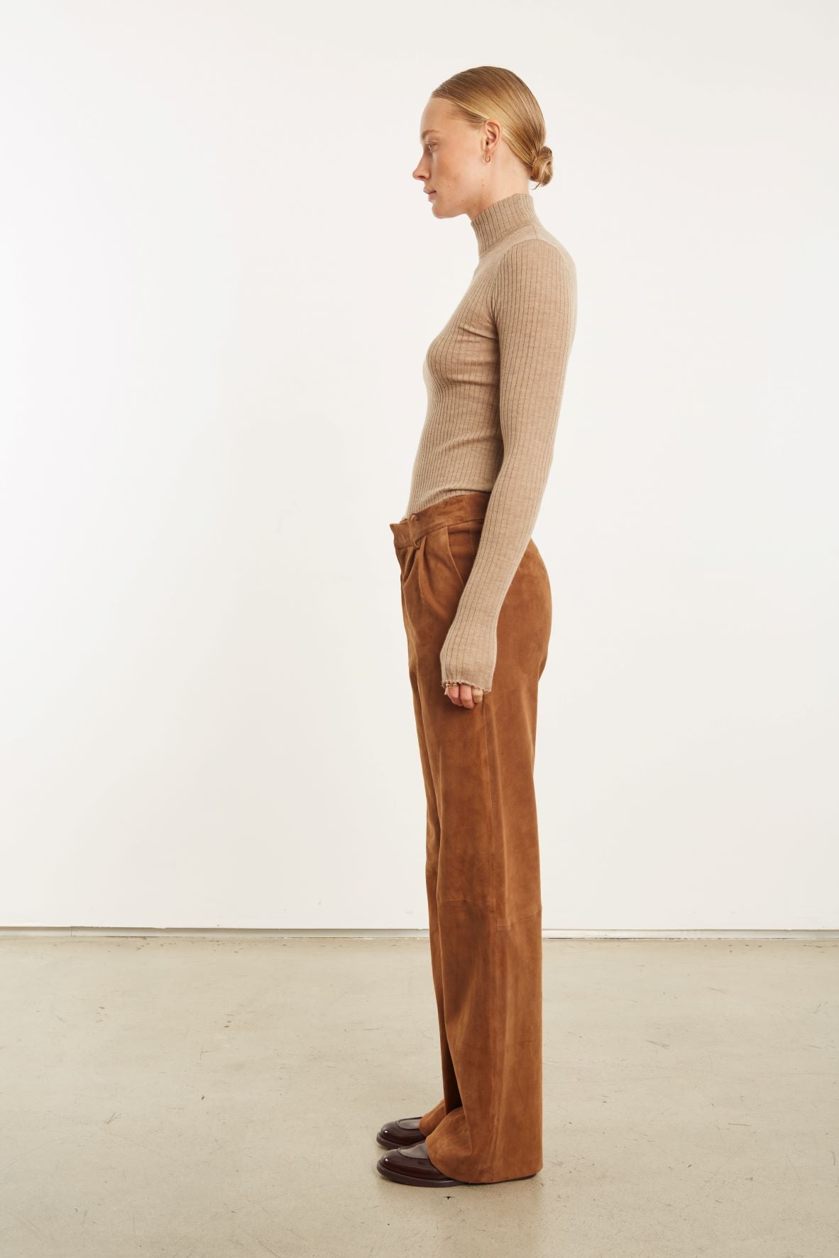 Dark Cognac Suede Straight Leg Trouser