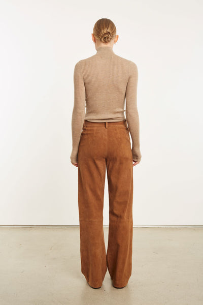 Dark Cognac Suede Straight Leg Trouser