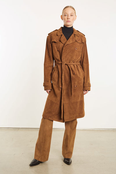 Dark Cognac Suede Trench Coat