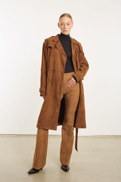 Dark Cognac Suede Trench Coat