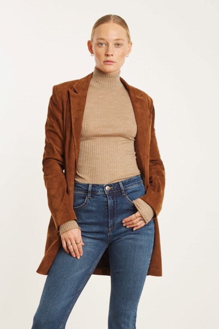 Dark Cognac Suede Long Blazer
