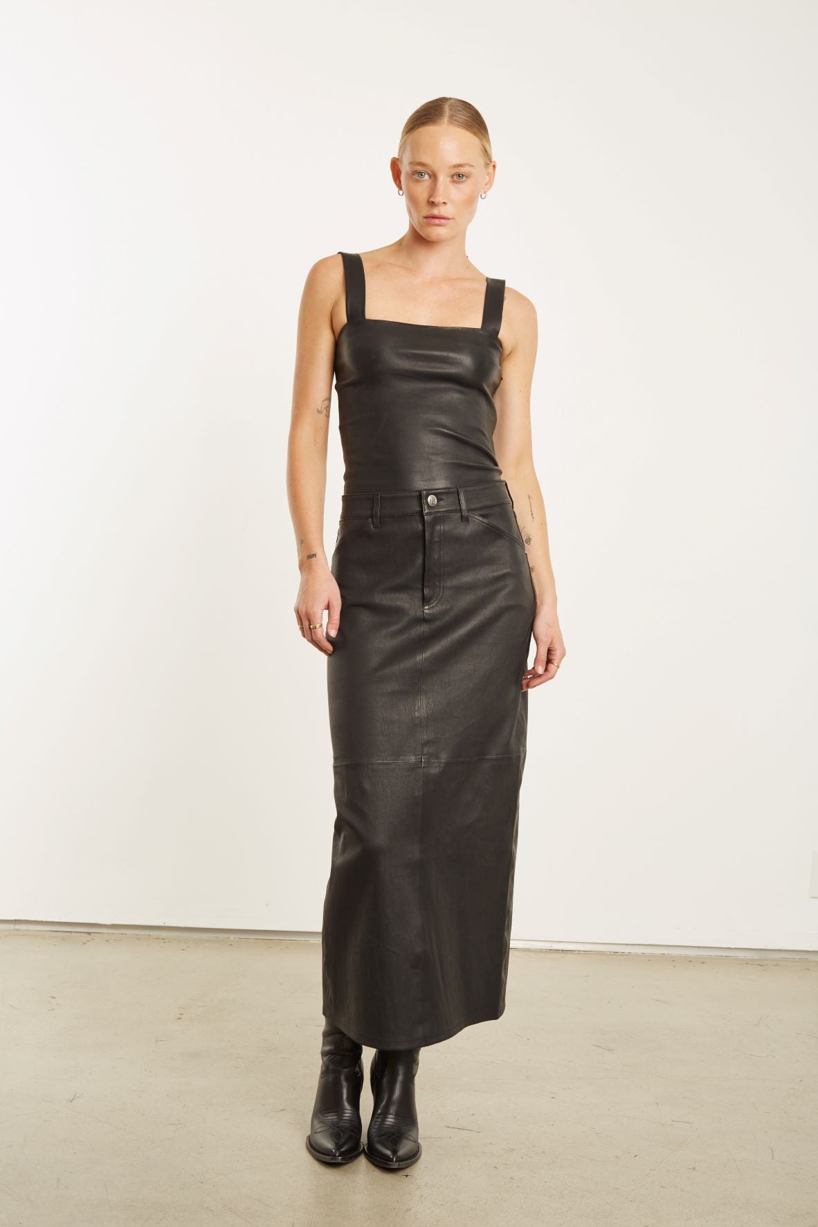 Black Leather 5 Pocket Long Skirt