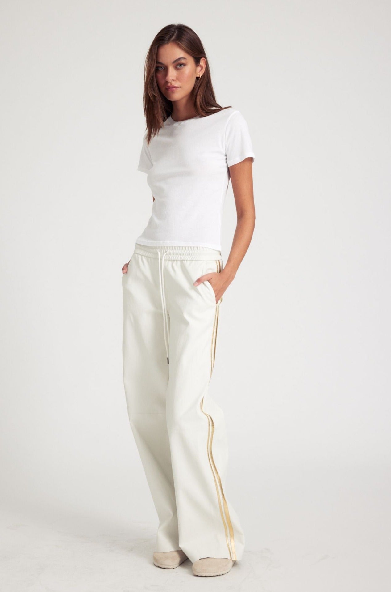 White Leather Athletic Drawstring Pants