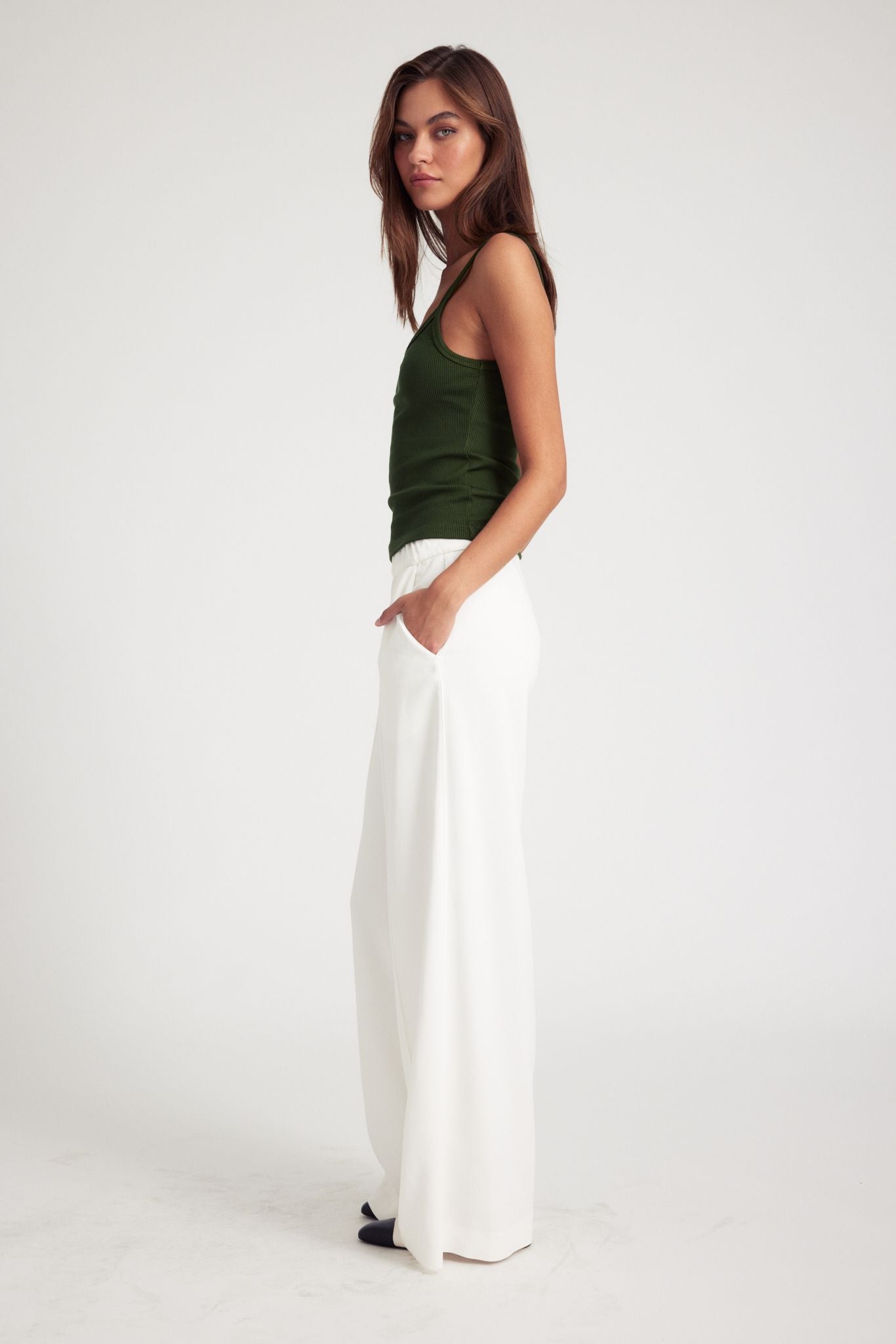 White Crepe Wide Leg Pintuck Trousers