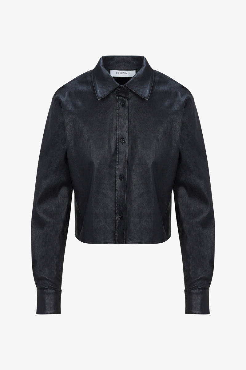 Black Leather Cropped Button Down