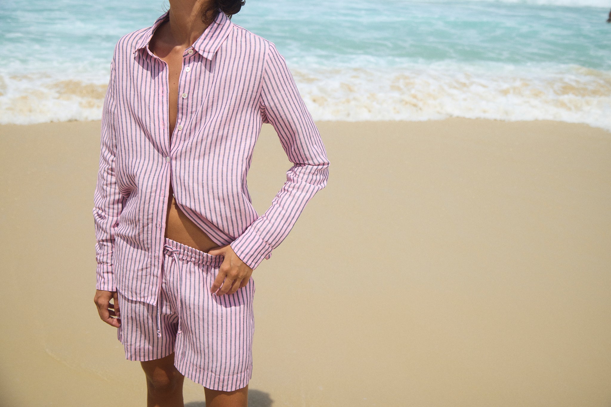 Pink Indigo Stripe Linen Fonda Button Down