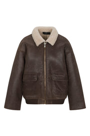 Chocolate Beige Leather Vintage Aviator Jacket