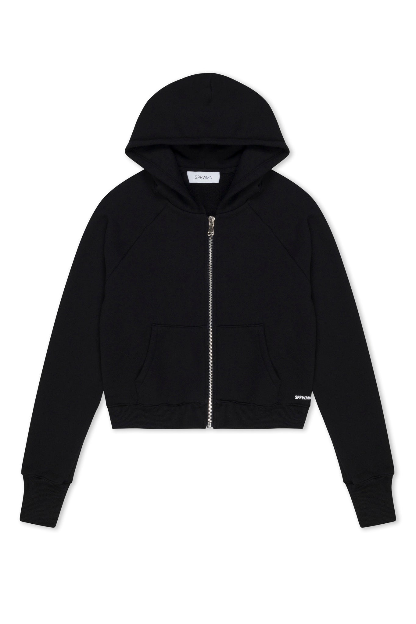 Black Cotton Shrunken Zip Up Hoodie