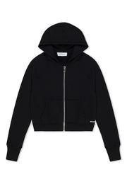 Black Cotton Shrunken Zip Up Hoodie